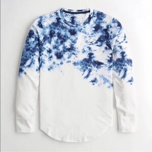HOLLISTER Dark Blue/White Tie Dye Long Sleeve Curved Hem Tee 100% Cotton Size XS